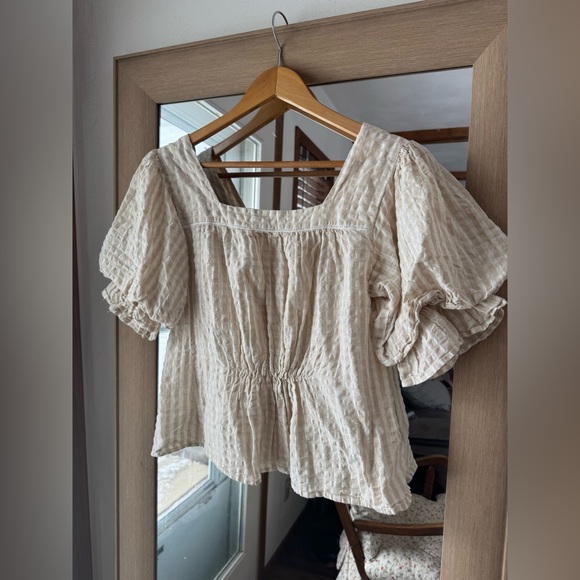 Urban Outfitters Gingham Puff Sleeve Linen/Cotton Blouse Small Cottage-core - Picture 3 of 5